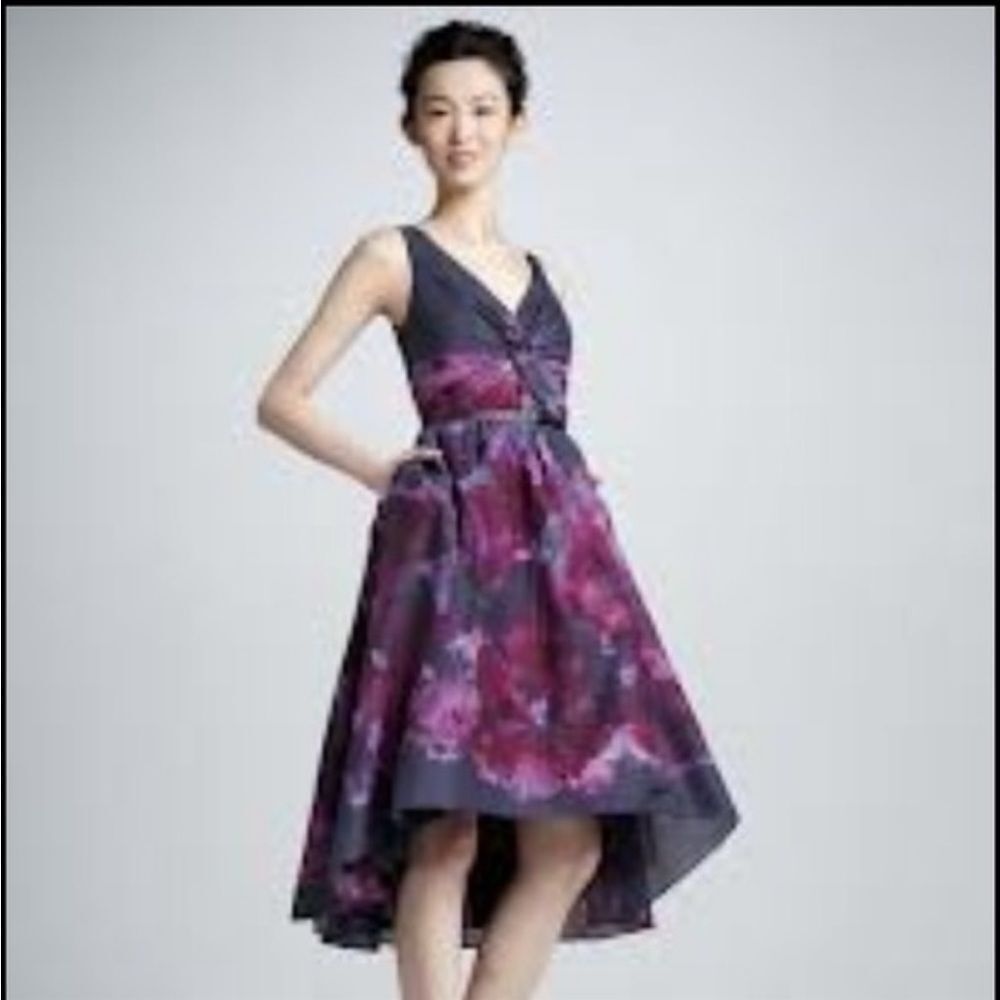 Lela Rose purple blue floral Neiman Marcus Sleeveless V Neck High Low Dress 2 XS